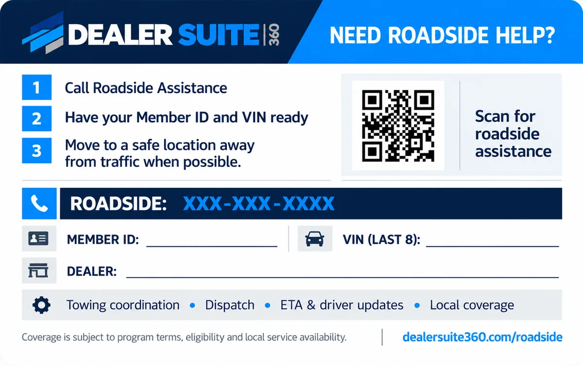 Back of the RV Roadside Assistance card: three steps, roadside number, Member ID, VIN and dealer fields